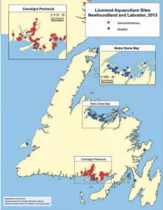 Mapa instalaciones acuicultura en Terranova y Labrador
